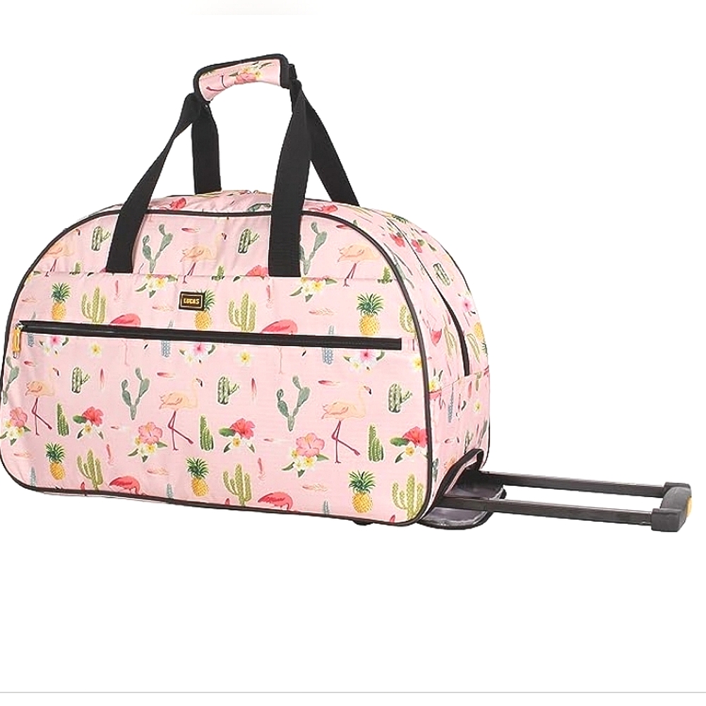 22" LIGHTWEIGHT FLAMINGO PATTERN DUFFEL BAG WITH SPINNER WHEELS, WEEKENDER BAG..